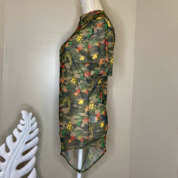 Plus Size Green Yellow Orange Semi Sheer Splatter Snap Bottom Bodysuit - Picture 2 of 3